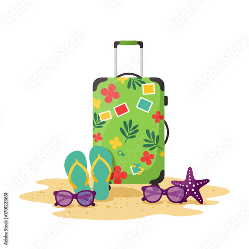 A green suitcase with floral patterns and stickers sits on sand with flip-flops, sunglasses, and a starfish, suggesting a beach vacation.