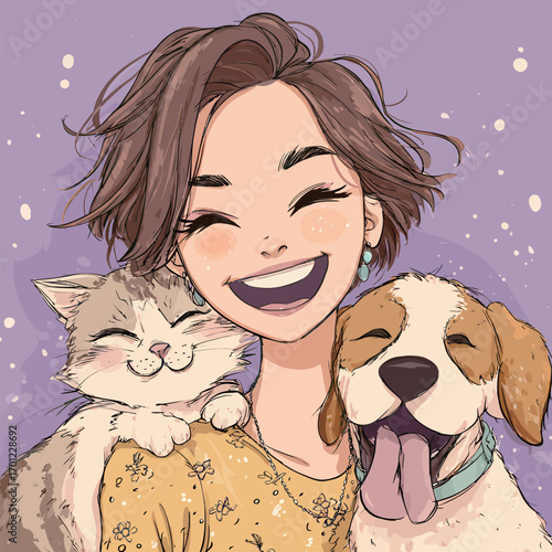 A joyful woman smiles widely while embracing a cat on her shoulder and a dog beside her. The warm background conveys a sense of happiness and friendship among pets.