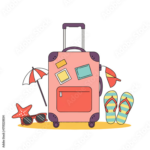 Illustration of a pink suitcase with stickers, surrounded by beach accessories like flip-flops, sunglasses, a starfish, and a small umbrella.