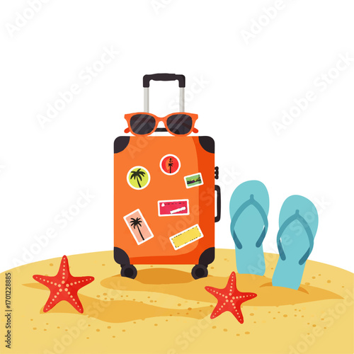 Orange suitcase with travel stickers, sunglasses, flip-flops, and starfish on a sandy surface, depicting a vacation theme.