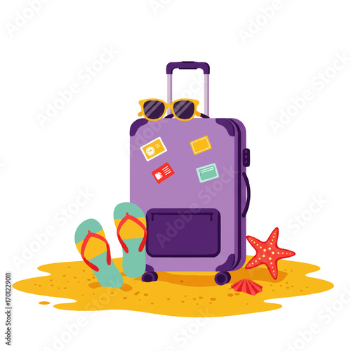 A purple suitcase with travel stickers, sunglasses, flip-flops, starfish, and seashell on a sandy beach background, representing vacation and travel.