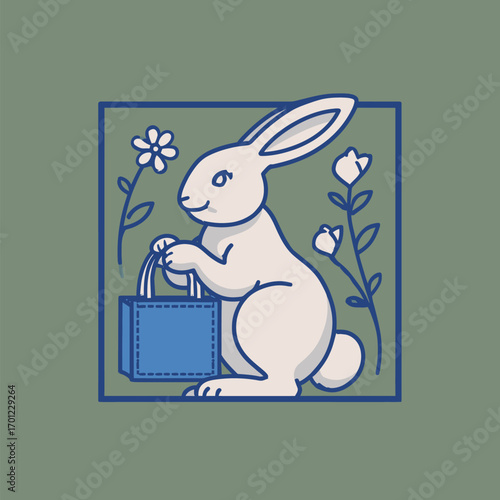 A cheerful rabbit stands on its hind legs, clutching a blue bag. Surrounding it are simple flower illustrations, presenting a fresh and playful atmosphere.