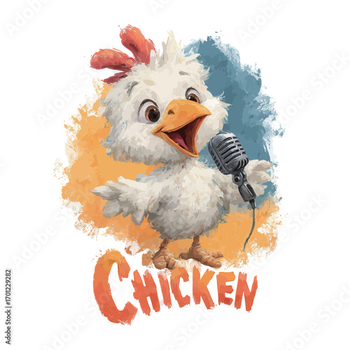 A cheerful chicken character stands confidently with a microphone, ready to perform. The vibrant background enhances the lively atmosphere, bringing joy and energy.