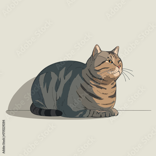 A striped cat relaxes on the floor, its eyes focused intently as it takes in the environment. Its fur displays a blend of browns and greys, adding to its charm.