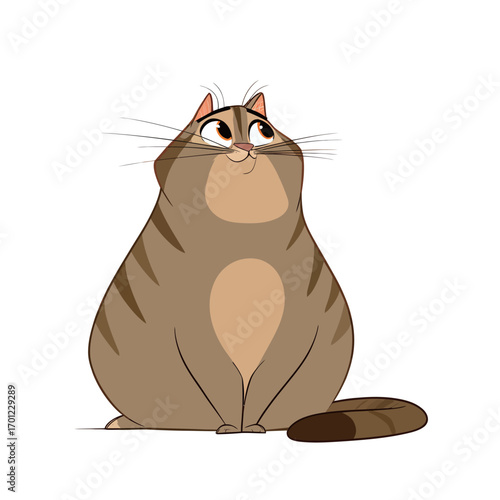 A cute cartoon cat with a rounded body and expressive eyes sits, showcasing a playful yet relaxed demeanor. Its fur is a mix of browns and tans, adding charm.