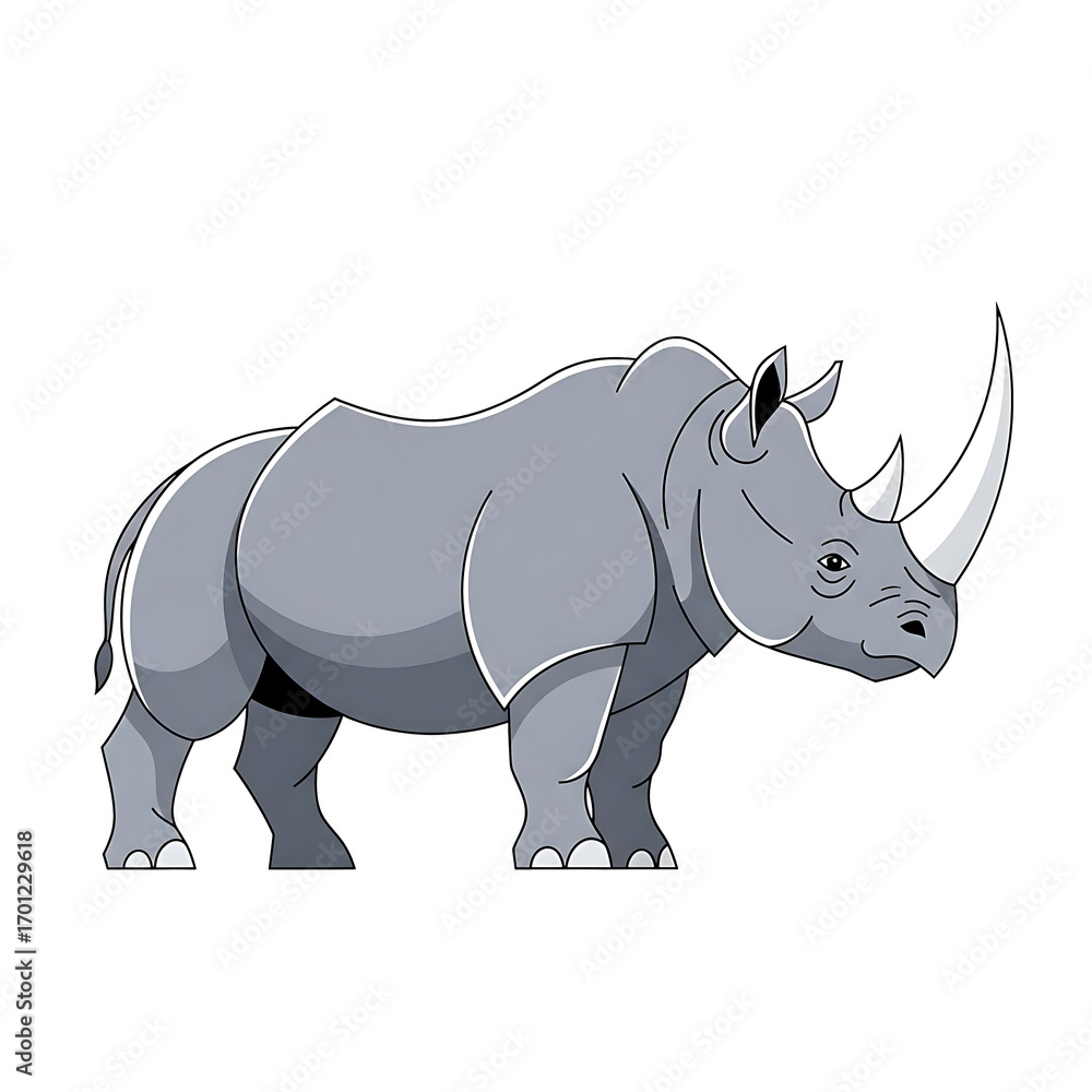 Obraz premium Strong rhinoceros with a large horn, side view cartoon vector illustration of a wild animal, isolated on white background.