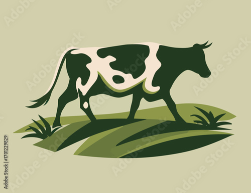 A cow with distinctive black and white patches grazes on green grass in a tranquil rural setting under a clear sky during the day, highlighting natures harmony.