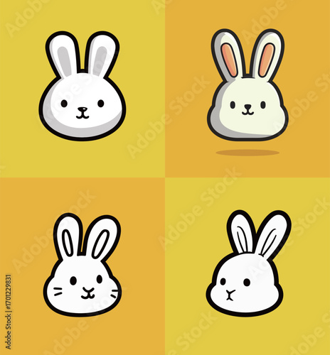 Four adorable cartoon rabbits are displayed in different poses against a vibrant yellow background, capturing their playful and charming demeanor with simple features.