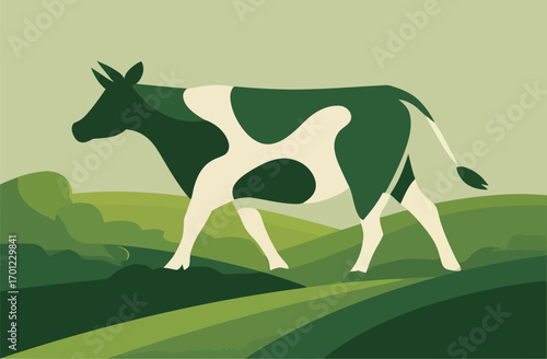 A cow with distinct patterns strolls across vibrant green fields, surrounded by rolling hills. The calm atmosphere reflects a serene rural landscape.