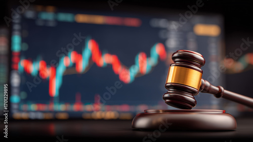 Judge gavel before a market chart representing financial regulation compliance investor protection and legal oversight of trading activity.
