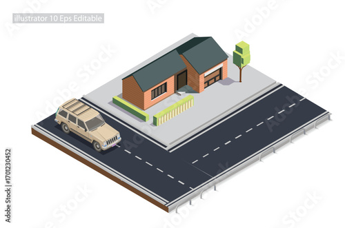 Isometric roadside mansion on the sidewalk Editable in 10 EPS. Vector Isometric Illustration Perfect for Diagrams, Infographics, And Other Graphic Assets