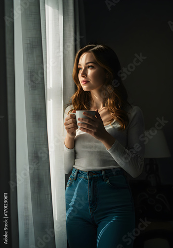 Young woman enjoys quiet morning coffee by window, bathed in soft sunlight, a moment of peace and reflection.
