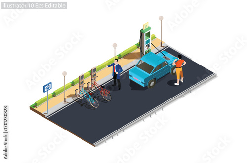 Electric car and electric bike charging in empty parking area with fast supercharger station. Flat vector illustration isolated on a white background