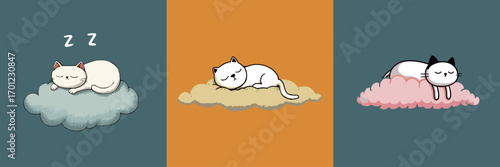 Three adorable cats are napping on fluffy clouds of different colors, showcasing a charming and playful design that captivates the imagination.