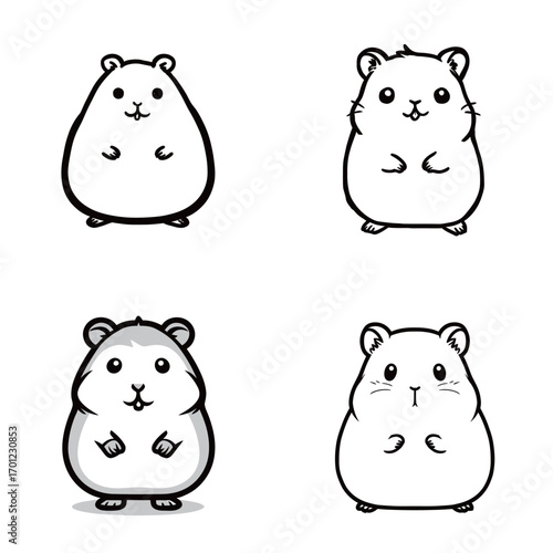 Four adorable hamsters are depicted in different playful poses. Each hamster has a unique facial expression, adding charm to this character design suitable for various projects.
