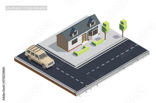 Isometric roadside mansion on the sidewalk Editable in 10 EPS. Vector Isometric Illustration Perfect for Diagrams, Infographics, And Other Graphic Assets