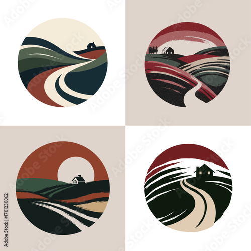 Artistic illustrations showcase four distinct rural landscapes featuring rolling hills, winding roads, and quaint farmhouses. Each landscape embraces a unique color palette.