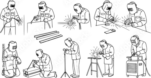 Welder Illustration: Black and White Vector Outline
