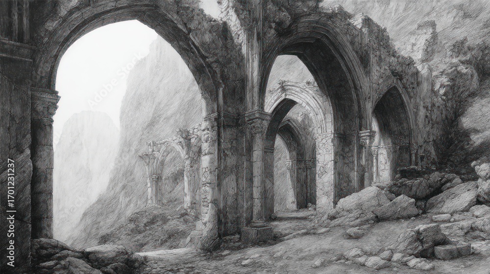 Obraz premium Ruined arches mountain view