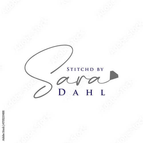 Stitched by sara dahl logo isolated on white background, ideal for sewing business