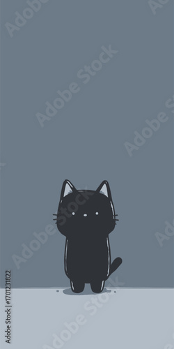 A charming black cat stands alone on a smooth floor against a plain background, its wide eyes and small features giving it a playful and curious demeanor.