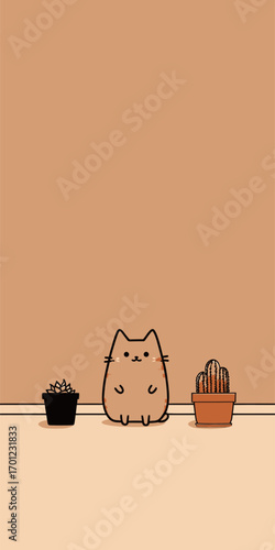 A charming cartoon cat sits between a black pot of succulent plants and an orange pot with a cactus. The setting is simple, with soft colors and minimal decor.