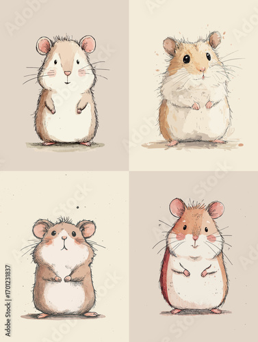 Four adorable hamsters are illustrated in different poses on a beige background. Each hamster displays a unique expression, enhancing their playful nature.
