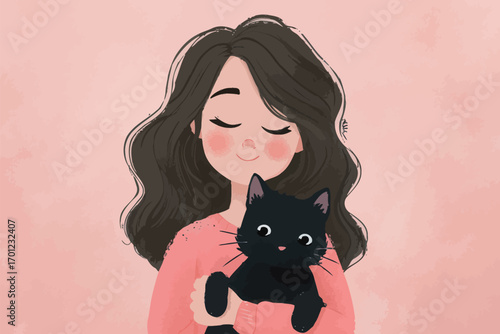 A young woman with flowing dark hair smiles as she gently holds a black cat close to her chest. The background is a soft pink, adding warmth to the artwork.