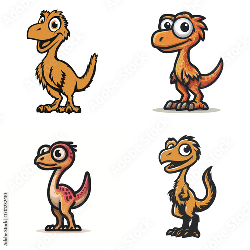 Four cartoon dinosaurs display different colors and expressions. Each character has a unique design, showcasing their playful and friendly appearance.