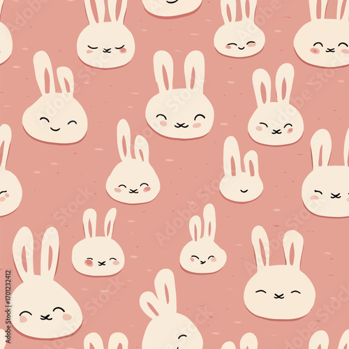 This design features adorable bunny faces with cheerful expressions against a soft pink background, perfect for childrens rooms or playful projects.