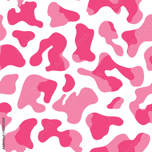 Colorful cow print pattern in shades of pink showcases a modern design. The playful shapes and vibrant hues lend a cheerful touch to backgrounds and fabrics.