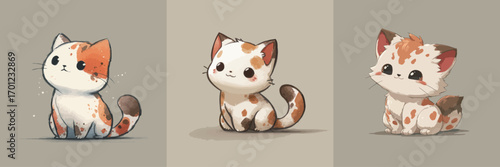Adorable cartoon kittens sit together, each showcasing distinct fur patterns and playful expressions. The background is minimalistic and enhances their charm.