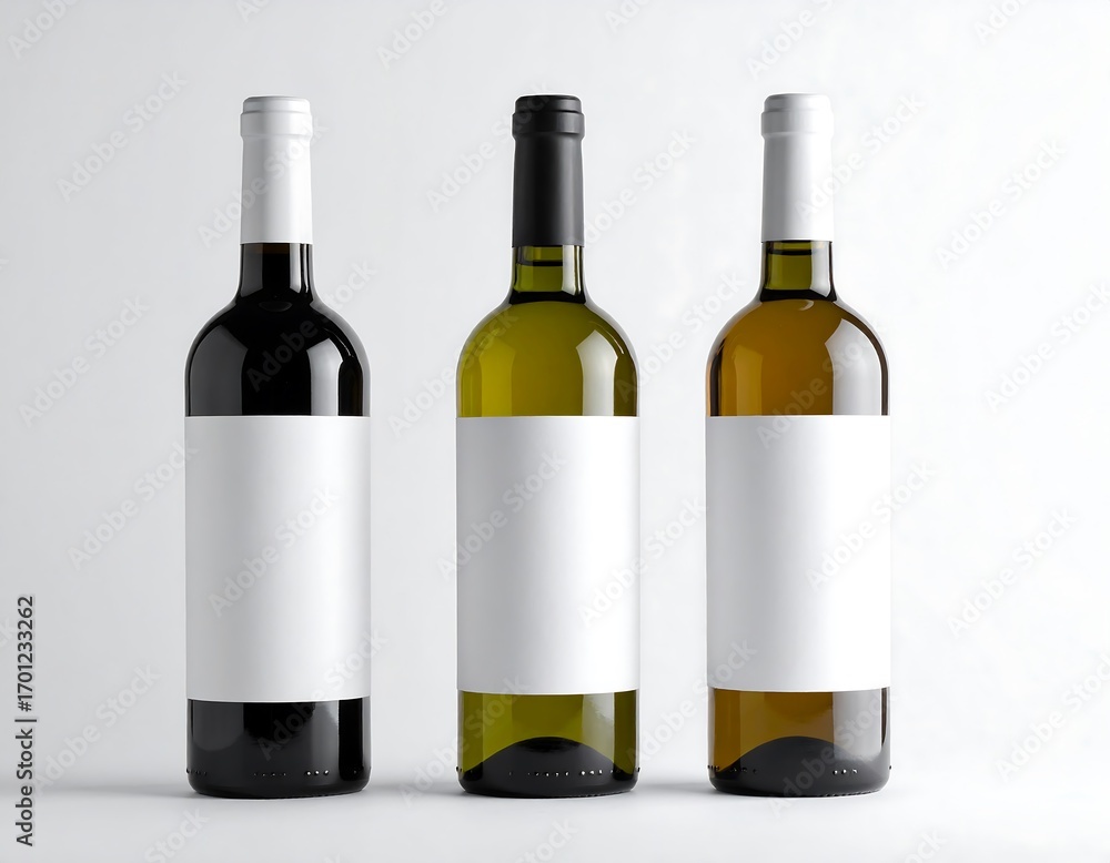 Fototapeta premium Three wine bottles with blank labels display against a plain backdrop, showcasing a simple yet elegant design template.
