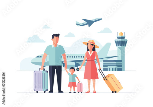 Adobe illustrator artwork vector illustration of a family of three, parents and a child, at the airport with luggage, ready to travel, against a backdrop of planes and an air traffic control tower