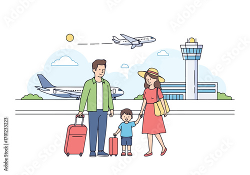 Adobe illustrator artwork vector illustration of a family of three, parents and a child, at the airport with luggage, ready to travel, against a backdrop of planes and an air traffic control tower