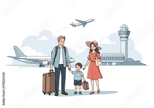 Adobe illustrator artwork vector illustration of a family of three, parents and a child, at the airport with luggage, ready to travel, against a backdrop of planes and an air traffic control tower