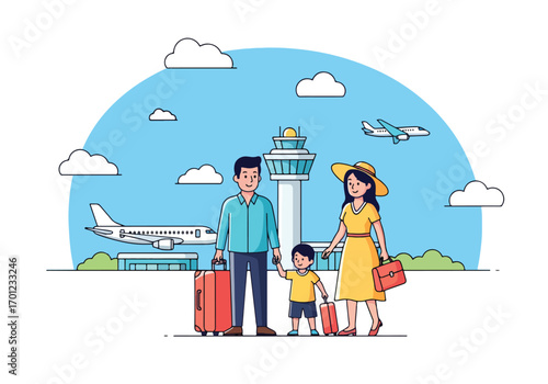 Adobe illustrator artwork vector illustration of a family of three, parents and a child, at the airport with luggage, ready to travel, against a backdrop of planes and an air traffic control tower