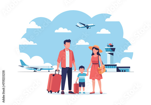 Adobe illustrator artwork vector illustration of a family of three, parents and a child, at the airport with luggage, ready to travel, against a backdrop of planes and an air traffic control tower
