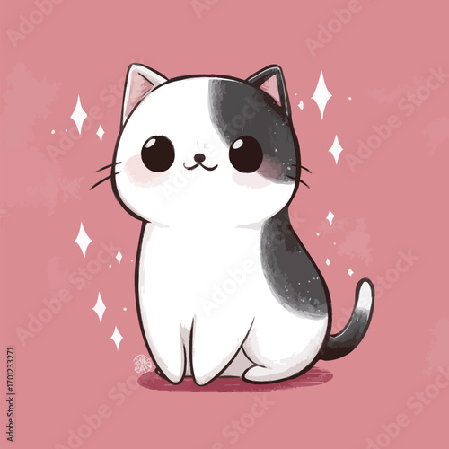 A charming cartoon cat with black and white fur sits adorably on a pink backdrop. Its large eyes and delighted smile create a heartwarming atmosphere.