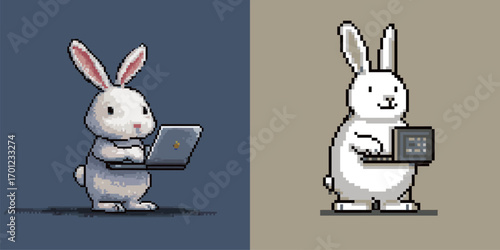 Two cartoon bunnies are shown using laptops, one in a blue background and the other in a beige setting. Both rabbits appear focused on their work.