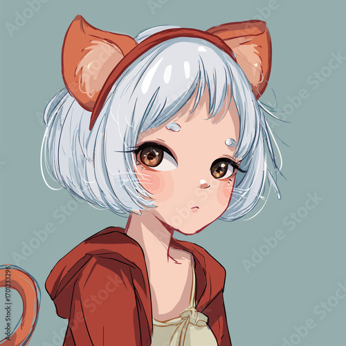 A young girl with short, light blue hair and cat ears sits comfortably in a cozy indoor setting. She has a thoughtful expression, showcasing her charming features.