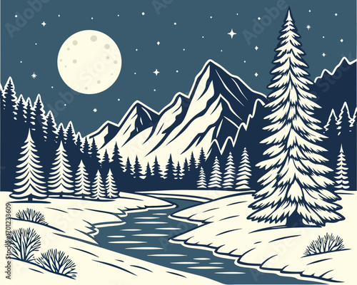 Beautiful starry night sky with snowy forest and mountains, winter vector background