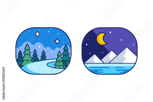 Beautiful starry night sky with snowy forest and mountains, winter vector background
