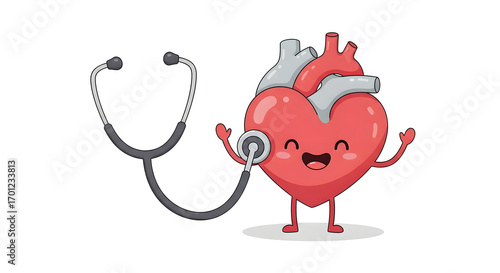 Cartoon heart with stethoscope, smiling and happy, promoting heart health and medical checkups.
