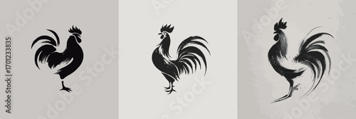Three distinct black rooster illustrations showcase unique styles. Each rooster features bold lines and curves, set against neutral-toned backgrounds, emphasizing creativity.