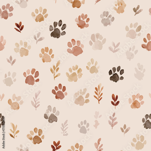 A decorative arrangement of watercolor paw prints and leaves in various shades on a light background, ideal for crafting or artistic designs. The playful pattern adds charm.