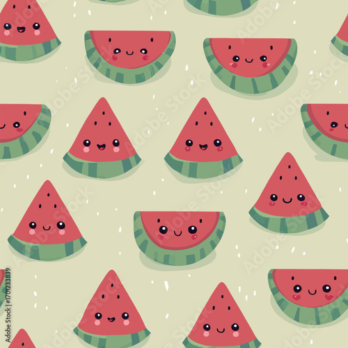 A playful arrangement of watermelon slices and wedges showcases cheerful faces on a soft, light background. This design adds fun and whimsy to any setting.