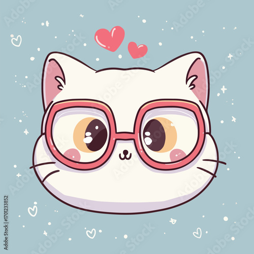 A charming white cat sporting large pink glasses stares playfully, surrounded by sweet hearts and a soft pastel backdrop, evoking joy and playfulness.