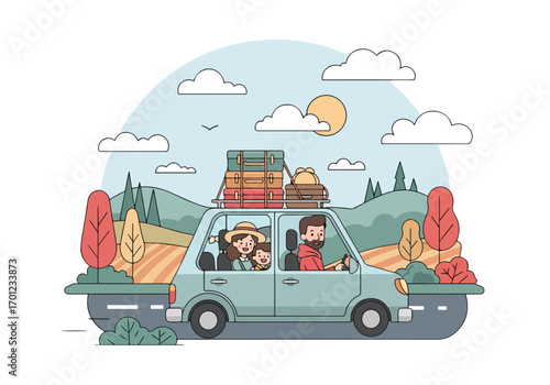 Adobe illustrator artwork vector illustration of a happy family traveling in a car packed with luggage, enjoying a road trip through a scenic landscape under a sunny sky