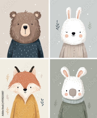 Four charming animal designs display a bear, a rabbit, a fox, and a koala, each dressed in warm, colorful sweaters against soft backgrounds.